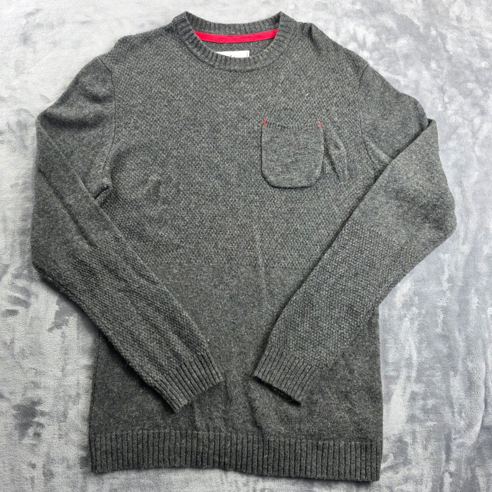 Boden Sweater Mens XL Gray Lambswool Crewneck Textured Knit Pocket Pullover
